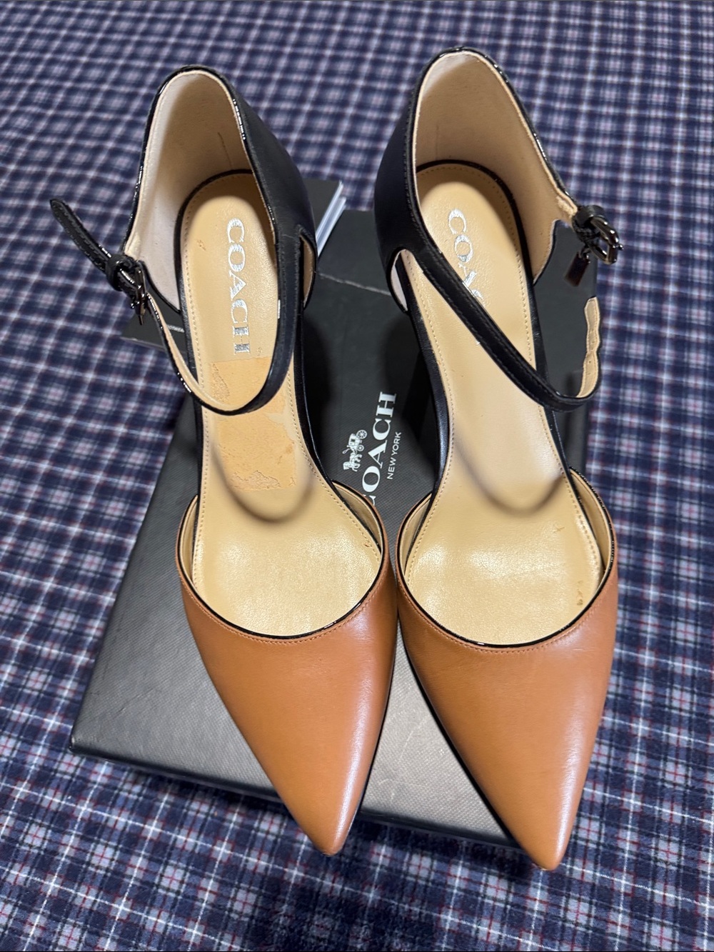 COACH Two-Tone Pointed-Toe Leather Pumps in Tan and Black